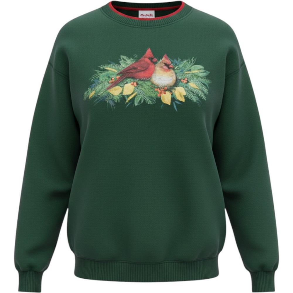 VTG Cardinal Bird Graphic Sweatshirt Women's Large Green Crewneck Long Sleeve